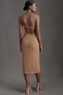 NWOT BHLDN Anamaria Georgette Midi Dress Tan Beige One Shoulder Women's size 12